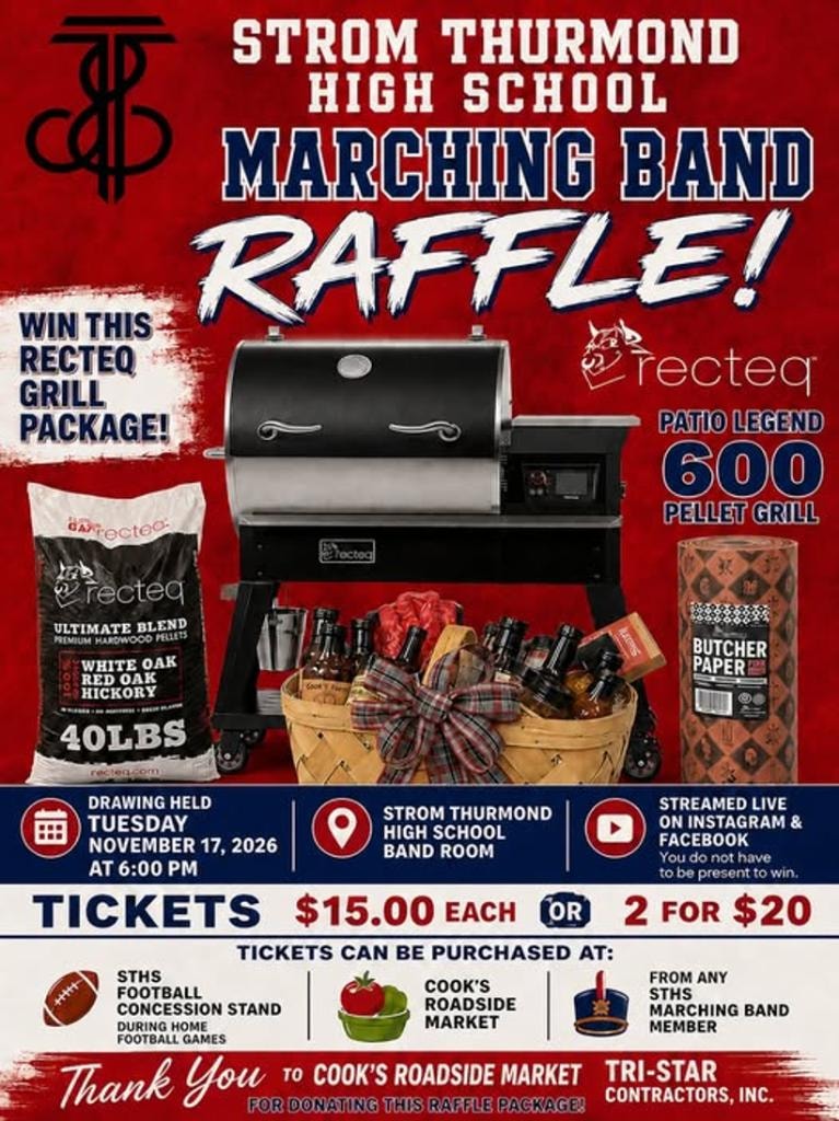 Strom Thurmond High School Marching Band Raffle – Win a Recteq Patio Legend 600 Pellet Grill Package