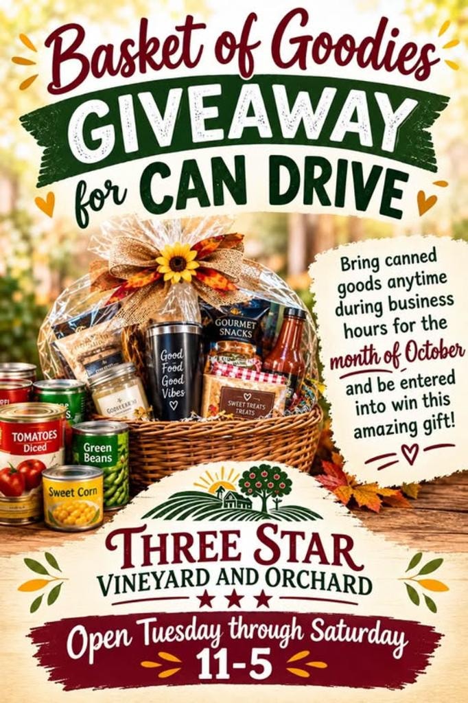 Basket of Goodies Giveaway for Can Drive – Three Star Vineyard and Orchard