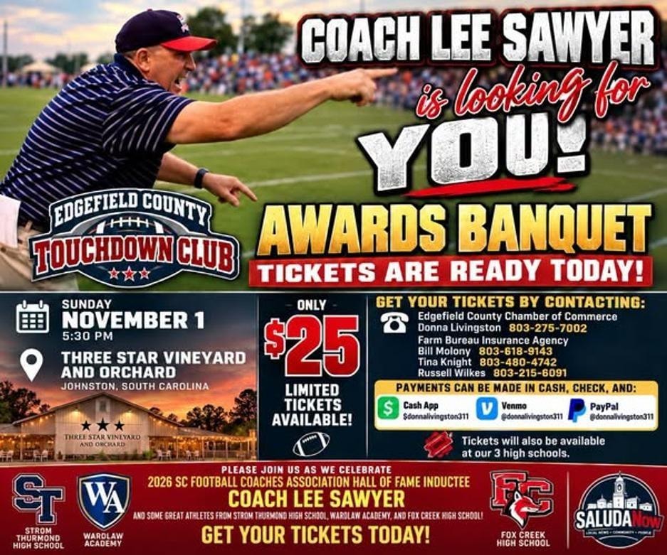 Edgefield County Touchdown Club Awards Banquet – Coach Lee Sawyer, November 1, 2026