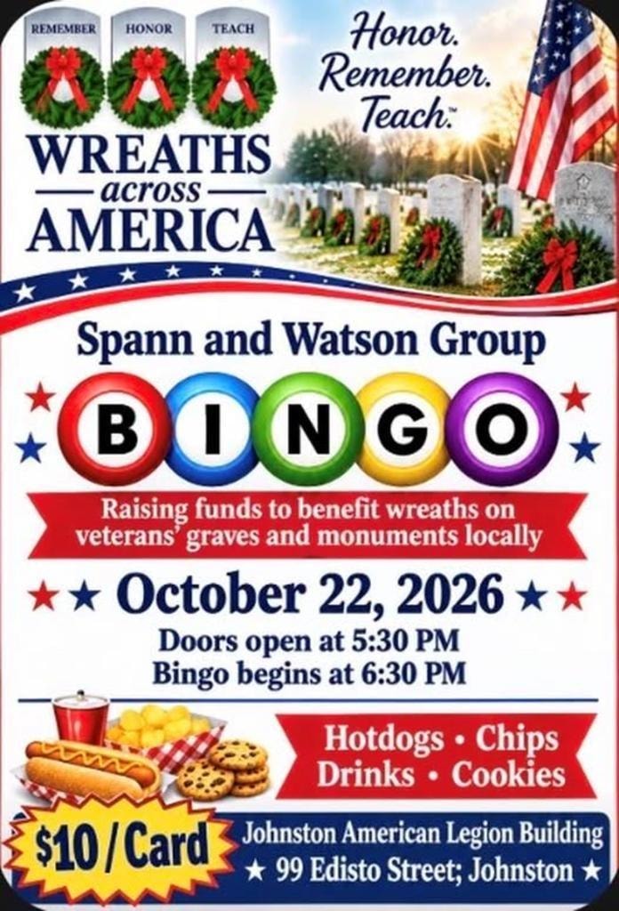 Wreaths Across America Bingo Fundraiser – Spann and Watson Group, October 22, 2026